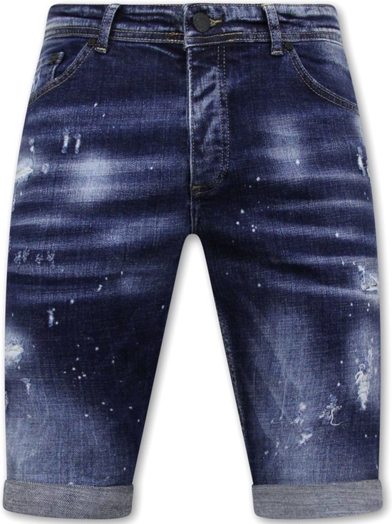 Men's Paint Splatter Stonewashed Short - Slim Fit -1077- Blauw