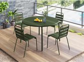 MYLIA Salon de jardin en métal - Une table D110 cm et 4 chaises empilables - Kaki - MIRMANDE L 110 cm x H 79 cm x P 110 cm