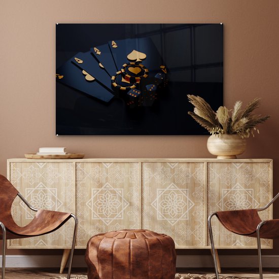 Tableau sur verre or noir - Cartes à jouer - Monnaies - Poker - Or - Zwart - 120x80 cm - Photo sur verre - Décoration salon