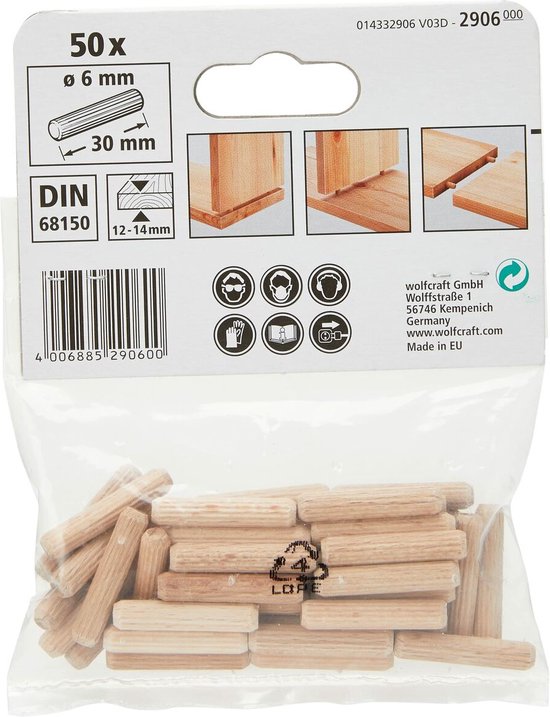 Verpakking met 50 wolfcraft deuvels, 6mm x 30mm, met afbeeldingen van gebruik.