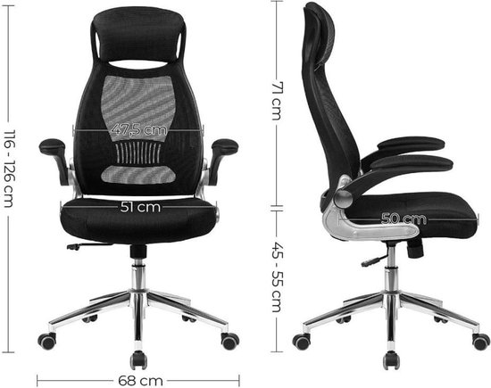 Bureaustoel voor volwassenen - Bureaustoel ergonomisch - Kantoor - Mesh - Zwart - 117-126.5x64x55 - Workliving