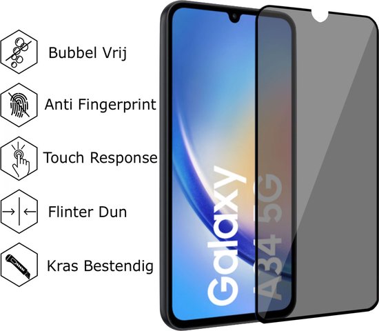 Geschikt voor Samsung A34 Hoesje + Privé Screenprotector + Camera Beschermglas - Privacy Tempered Glass - Case Transparant