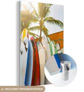 MuchoWow® Glasschilderij 60x90 cm - Schilderij acrylglas - Surfplanken onder een palmboom - Foto op glas - Schilderijen