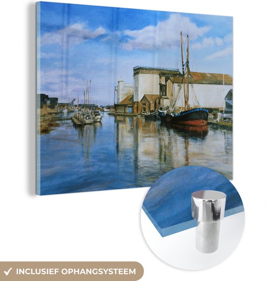 MuchoWow® Glasschilderij 40x30 cm - Schilderij acrylglas - Een olieverf schilderij van een haven - Foto op glas - Schilderijen
