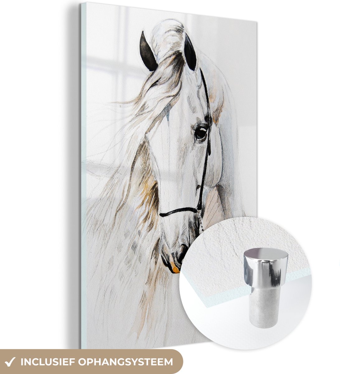® Glasschilderij 40x60 cm - Schilderij acrylglas - Paard - Waterverf - Dieren - Wit - Foto op glas - Muurdecoratie woonkamer - Wanddecoratie slaapkamer - Schilderijen