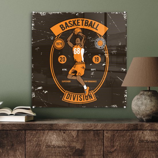 MuchoWow® Peinture sur verre 50x50 cm - Peinture sur verre acrylique - Mancave - Basketbal - Sport - Vintage - Oranje - Photo sur verre - Peintures