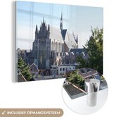 MuchoWow® Glasschilderij 120x80 cm - Schilderij acrylglas - Kerk - Leiden - Oud - Foto op glas - Schilderijen