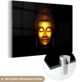 MuchoWow® Glasschilderij 30x20 cm - Schilderij acrylglas - Boeddha - Goud - Zwart - Foto op glas - Schilderijen