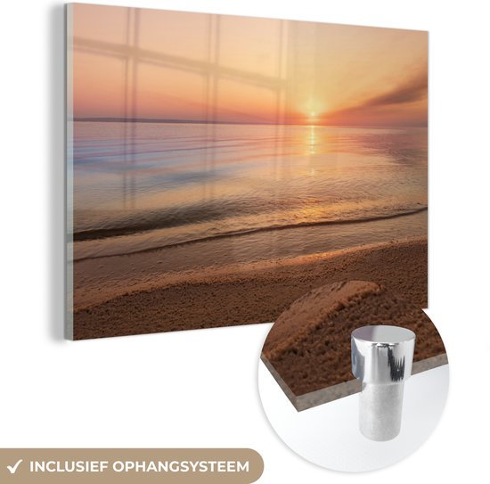 MuchoWow® Glasschilderij 90x60 cm - Schilderij acrylglas - Strand - Zee - Roze - Zonsondergang - Foto op glas - Schilderijen