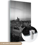 MuchoWow® Glasschilderij 120x180 cm - Schilderij acrylglas - Madrid - Centrum - Zwart - Wit - Foto op glas - Schilderijen