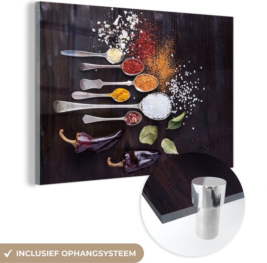 MuchoWow® Peinture sur Verre - Herbes - Cuillères - Épices - Industriel - 120x80 cm - Peintures sur Verre Peintures - Photo sur Glas