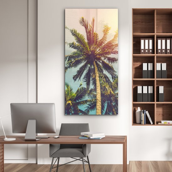 MuchoWow® Peinture sur verre 80x160 cm - Peinture sur verre acrylique - Palmier - Été - Tropical - Soleil - Photo sur verre - Peintures