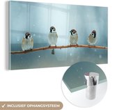 MuchoWow® Glasschilderij 40x20 cm - Schilderij acrylglas - Vogels - Mus - Sneeuw - Winter - Foto op glas - Schilderijen