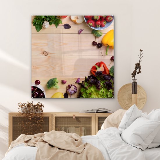 MuchoWow® Glasschilderij 90x90 cm - Schilderij acrylglas - Fruit - Aardbeien - Paprika - Keuken - Foto op glas - Schilderijen