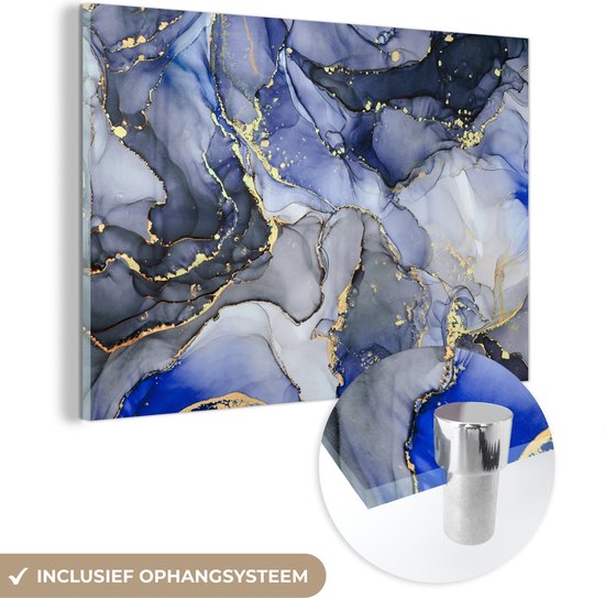 MuchoWow® Glasschilderij 60x40 cm - Schilderij acrylglas - Marmer - Goud - Abstract - Blauw - Foto op glas - Schilderijen
