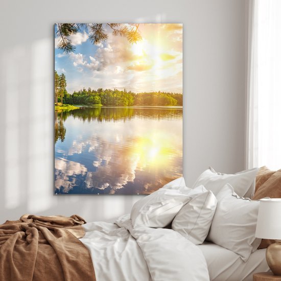 MuchoWow® Glasschilderij 90x120 cm - Schilderij acrylglas - Bomen - Water - Zon - Foto op glas - Schilderijen