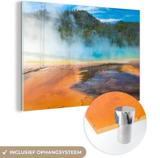 MuchoWow® Glasschilderij 90x60 cm - Schilderij acrylglas - Yellowstone Nationaal Park Amerika - Foto op glas - Schilderijen