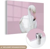 MuchoWow® Glasschilderij 120x80 cm - Schilderij acrylglas - Witte flamingo - Foto op glas - Schilderijen