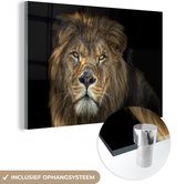 MuchoWow® Glasschilderij 180x120 cm - Schilderij acrylglas - Portret - Leeuw - Zwart - Foto op glas - Schilderijen