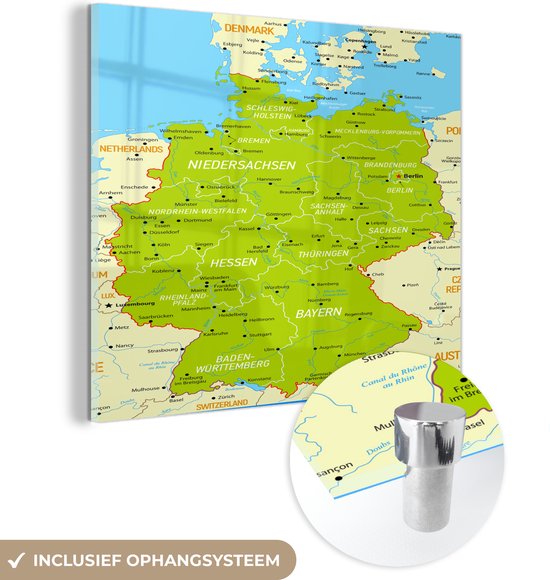 MuchoWow® Glasschilderij 90x90 cm - Schilderij acrylglas - Kleurrijke kaart van Duitsland - Foto op glas - Schilderijen