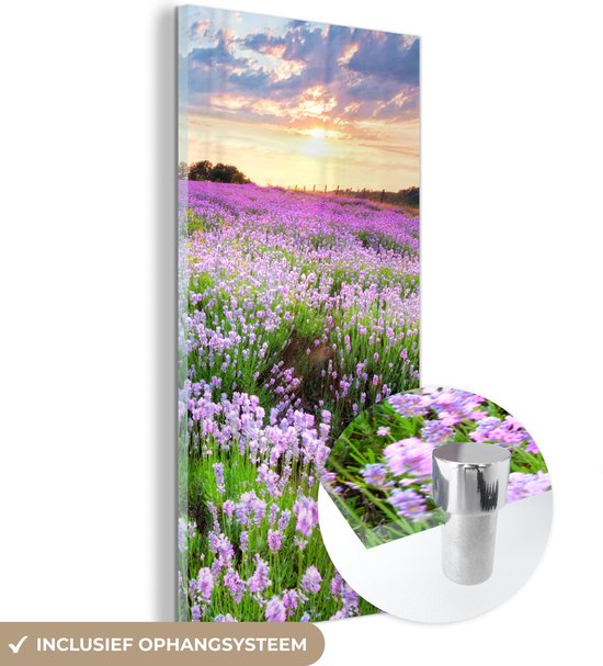 MuchoWow® Glasschilderij 80x160 cm - Schilderij acrylglas - Bloemen - Lavendel - Paars - Lucht - Zonsondergang - Weide - Natuur - Foto op glas - Schilderijen