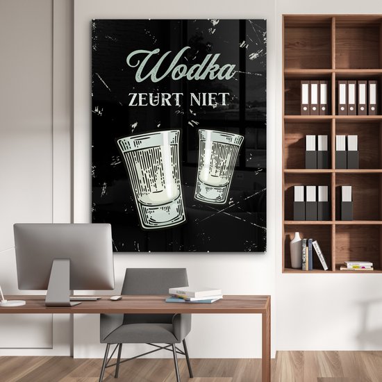 MuchoWow® Glasschilderij 120x160 cm - Schilderij acrylglas - Wodka - Shotglaasjes - Quote - Foto op glas - Schilderijen - Cadeau voor vrouw - Cadeau voor man