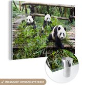 MuchoWow® Glasschilderij 180x120 cm - Schilderij acrylglas - Panda's - Bamboe - Bladeren - Foto op glas - Schilderijen