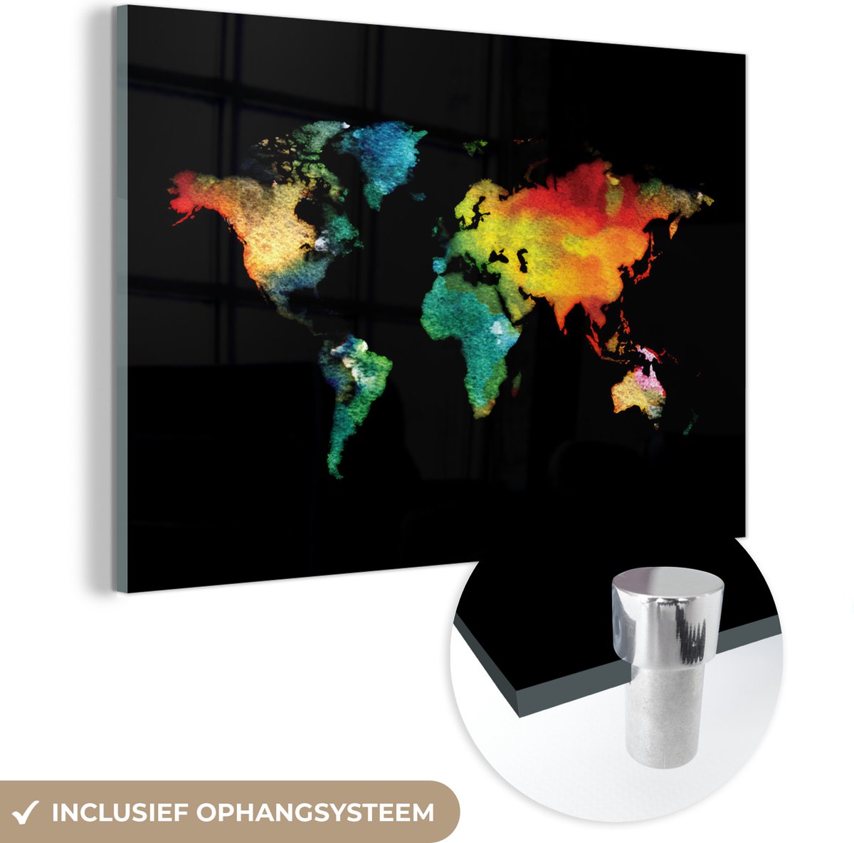 ® Glasschilderij 60x40 cm - Schilderij acrylglas - Wereldkaart - Waterverf - Kleuren - Foto op glas - Muurdecoratie woonkamer - Wanddecoratie slaapkamer - Schilderijen