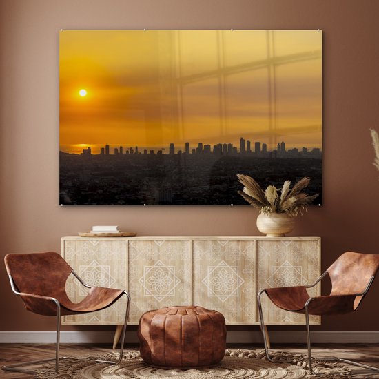 ® Glasschilderij 150x100 cm - Schilderij acrylglas - Gele zonsondergang in Manila - Foto op glas - Muurdecoratie woonkamer - Wanddecoratie slaapkamer - Schilderijen