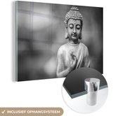 MuchoWow® Glasschilderij 150x100 cm - Schilderij acrylglas - Boeddhastandbeeld in zwart-wit - Foto op glas - Schilderijen