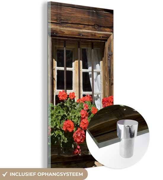 MuchoWow® Peinture sur verre 60x120 cm - Peinture sur verre - Fenêtre avec fleurs de géranium en fleurs - Photo sur verre acrylique - Peintures