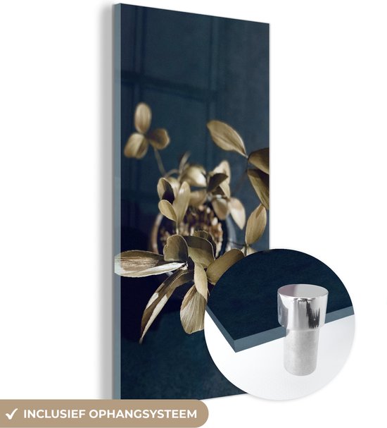 MuchoWow® Glasschilderij 40x80 cm - Schilderij acrylglas - Gouden bloem - Foto op glas - Schilderijen