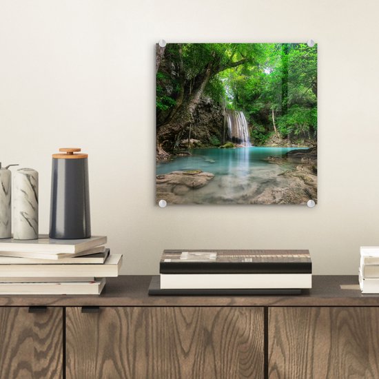 MuchoWow® Peinture sur verre 20x20 cm - Peinture sur verre acrylique - Cascade d'Erawan à Kanchanaburi, Thaïlande. - Photo sur verre - Peintures