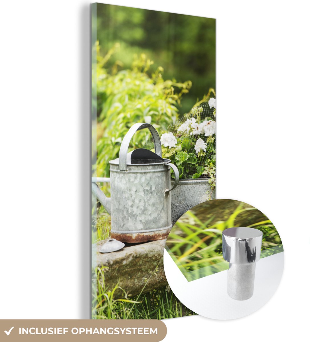 ® Glasschilderij 80x160 cm - Schilderij acrylglas - Gieter - Bloemen - Tuin - Foto op glas