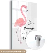 MuchoWow® Glasschilderij 60x90 cm - Schilderij acrylglas - Roze - Flamingo - Tekening - Foto op glas - Schilderijen