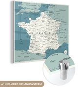 MuchoWow® Glasschilderij 50x50 cm - Schilderij acrylglas - Blauwe kaart van Frankrijk - Foto op glas - Schilderijen