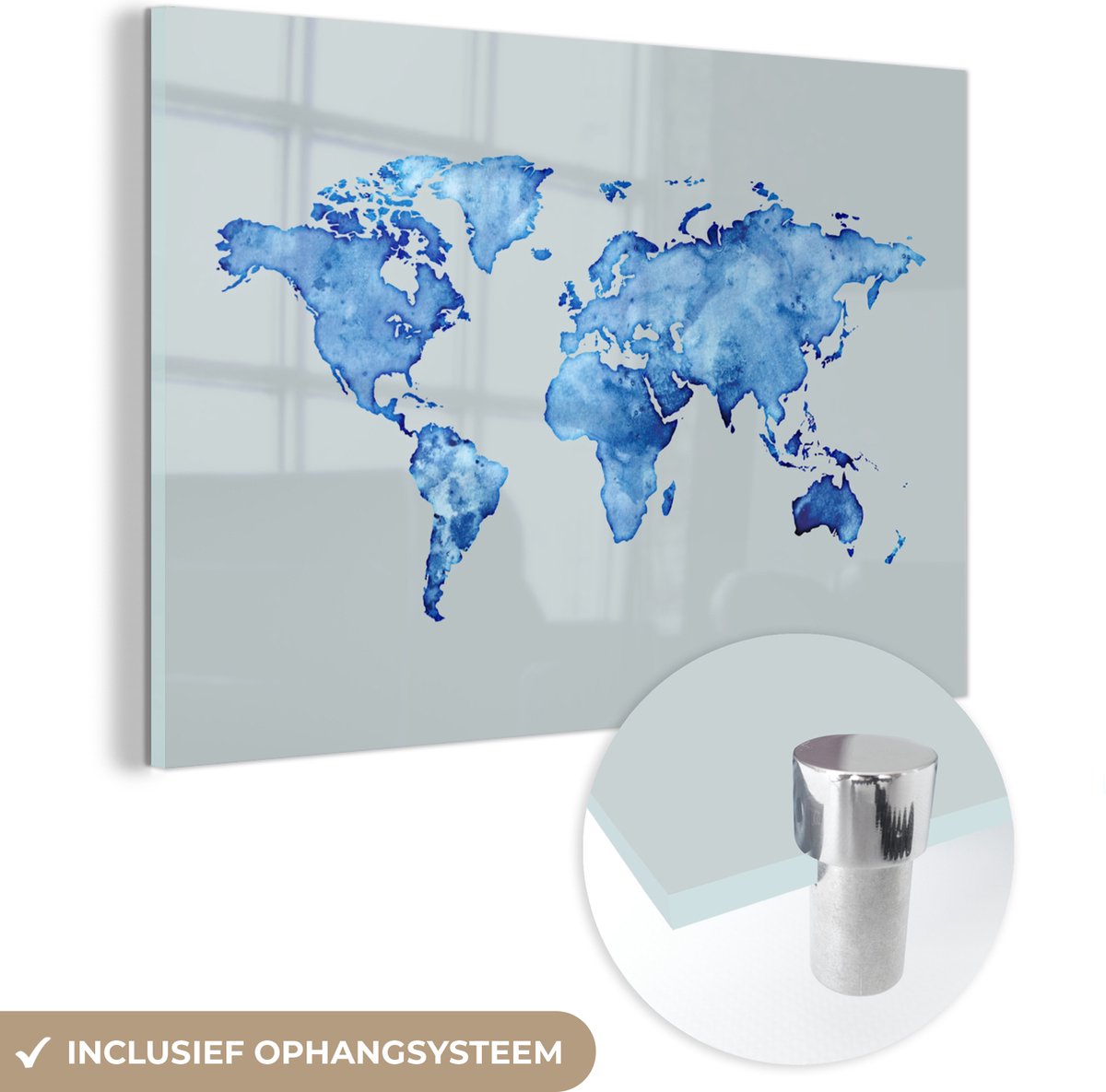 ® Glasschilderij 90x60 cm - Schilderij acrylglas - Wereldkaart - Waterverf - Grijs - Foto op glas - Muurdecoratie woonkamer - Wanddecoratie slaapkamer - Schilderijen