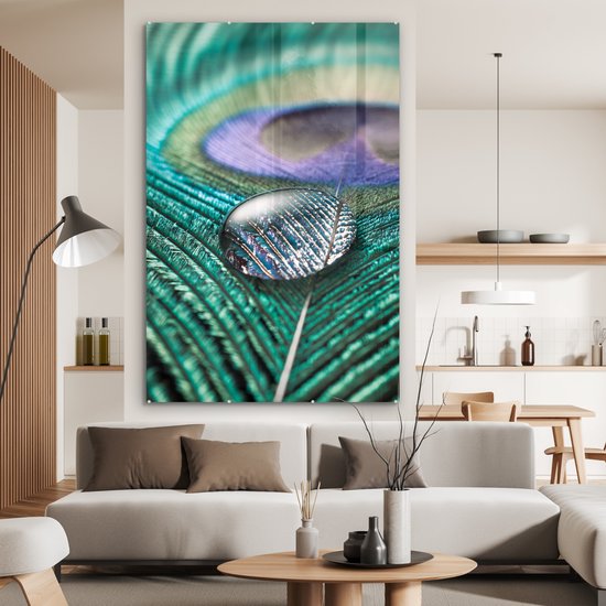 MuchoWow® Peinture sur verre 100x150 cm - Peinture sur verre acrylique - Gros plan d'une goutte d'eau sur une plume de paon - Photo sur verre - Peintures