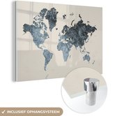 MuchoWow® Glasschilderij 150x100 cm - Schilderij acrylglas - Wereldkaart - Zwart - Zilver - Foto op glas - Schilderijen