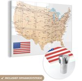 MuchoWow® Glasschilderij 60x40 cm - Schilderij acrylglas - Gedetailleerde landkaart Amerika - Foto op glas - Schilderijen