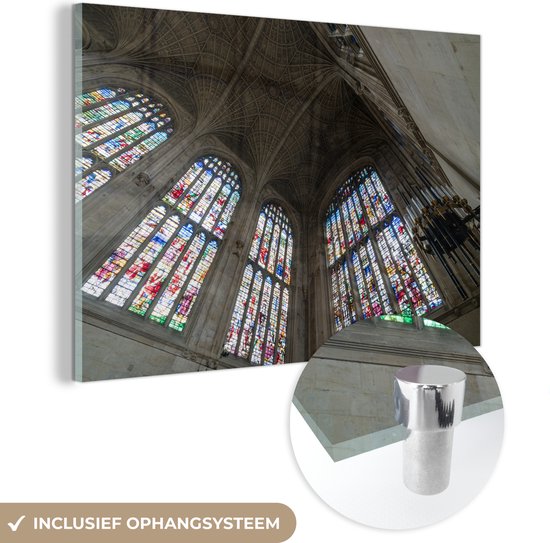 MuchoWow® Glasschilderij 30x20 cm - Schilderij acrylglas - Glas in lood in de King's College Chapel - Foto op glas - Schilderijen