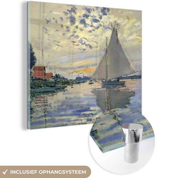 MuchoWow® Glasschilderij 90x90 cm - Schilderij acrylglas - Sailboat at Le Petit-Gennevilliers - Schilderij van Claude Monet - Foto op glas - Schilderijen
