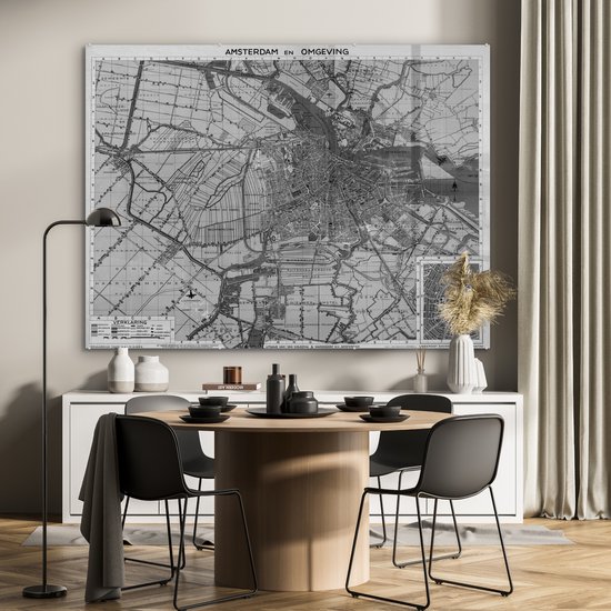 Plan de la ville historique en Zwart et blanc d' Amsterdam et ses environs en Hollande-Septentrionale Plexiglas - Plan d'étage 160x120 cm - Tirage photo sur Glas (décoration murale en plexiglas) XXL / Groot format!