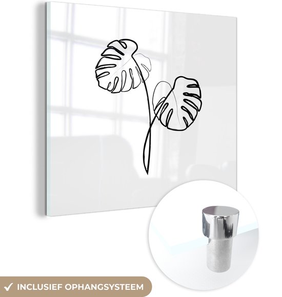 MuchoWow® Glasschilderij 20x20 cm - Schilderij acrylglas - Plant - Monstera - Line art - Foto op glas - Schilderijen