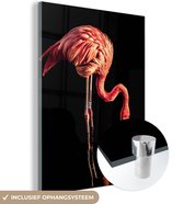 MuchoWow® Glasschilderij 120x160 cm - Schilderij acrylglas - Weerspiegeling van een flamingo op een zwarte achtergrond - Foto op glas - Schilderijen