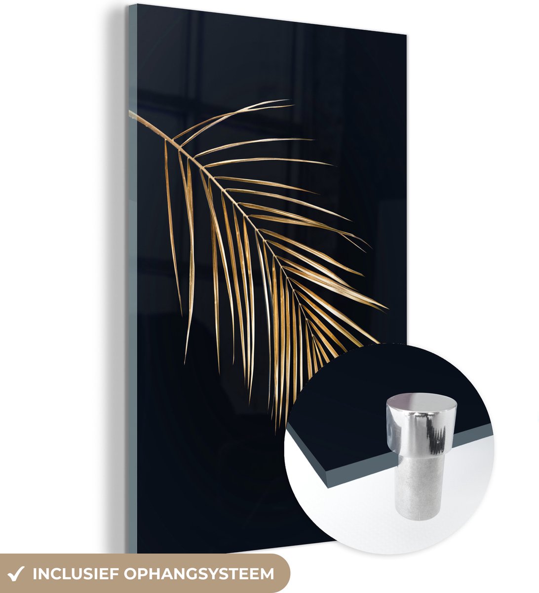 MuchoWow® Glasschilderij 20x30 cm - Schilderij acrylglas - Varen - Goud - Zwart - Foto op glas - Schilderijen