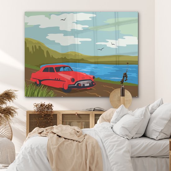 MuchoWow® Peinture sur verre 160x120 cm - Peinture sur verre acrylique - Voiture rouge Vintage - Photo sur verre - Peintures