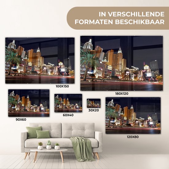 ® Glasschilderij 150x100 cm - Schilderij acrylglas - Strip - Las Vegas - Straat - Foto op glas - Muurdecoratie woonkamer - Wanddecoratie slaapkamer - Schilderijen