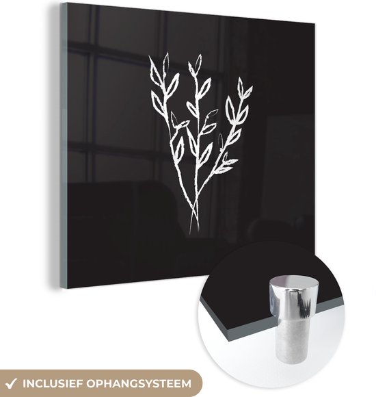 MuchoWow® Glasschilderij 50x50 cm - Schilderij acrylglas - Planten - Zwart - Wit - Line art - Foto op glas - Schilderijen
