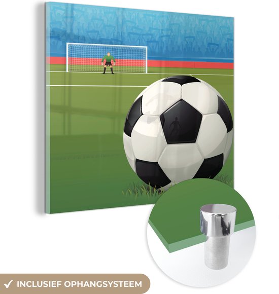 MuchoWow® Glasschilderij 50x50 cm - Schilderij acrylglas - Een illustratie van een voetbal op het veld in het stadion - Jongens - Meiden - Kids - Foto op glas - Schilderijen